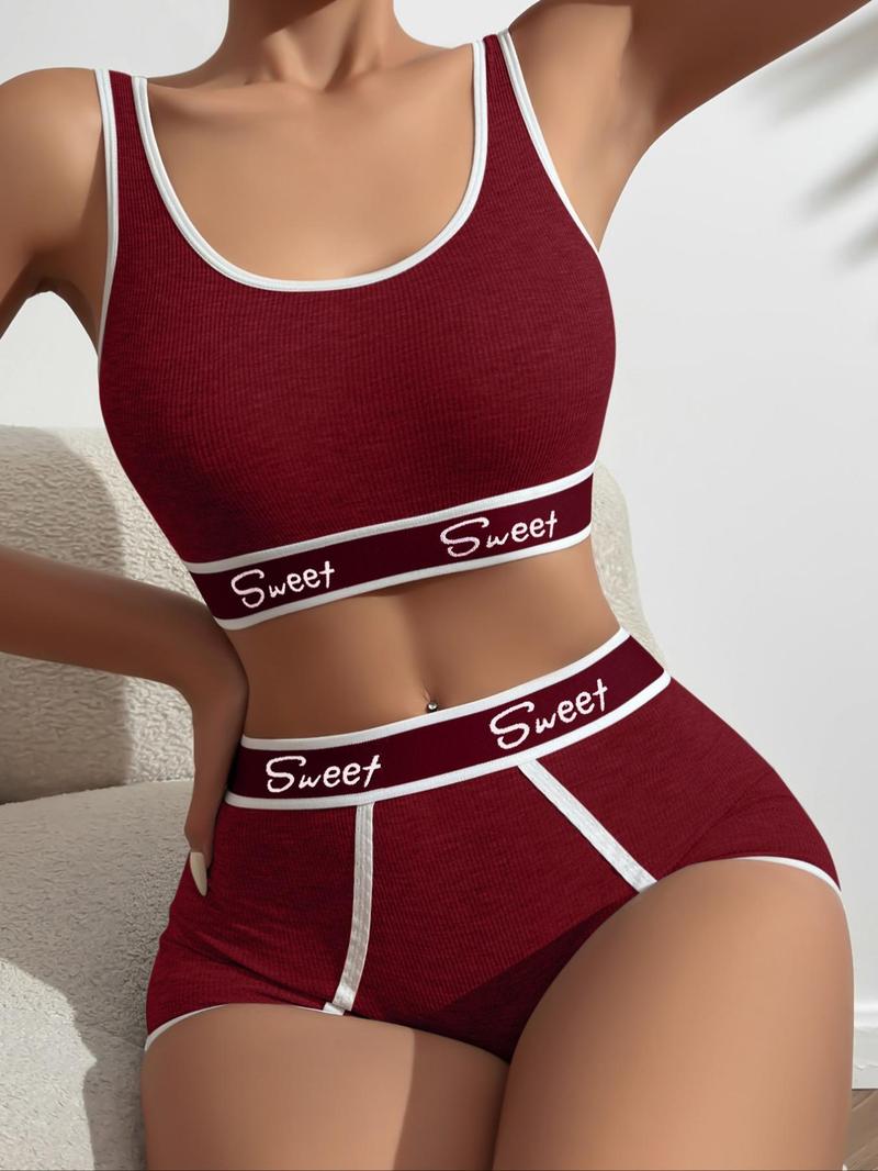Product Introduction of Women's Letter Tape Contrast Binding Bra & High Waist Panty Set, Fashion Soft Comfortable Breathable Bra & Underwear Set, Lingerie Set for Women 3