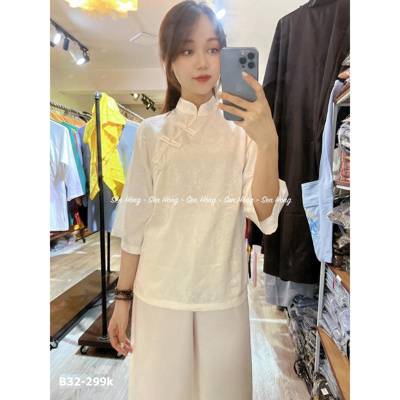 ĐỒ LAM ĐI CHÙA LỤA GẤM XINH # quần áo đi lễ đi chơi # pháp phục nữ vải lụa mềm nhẹ cổ tàu cúc chéo truyền thống B32 1