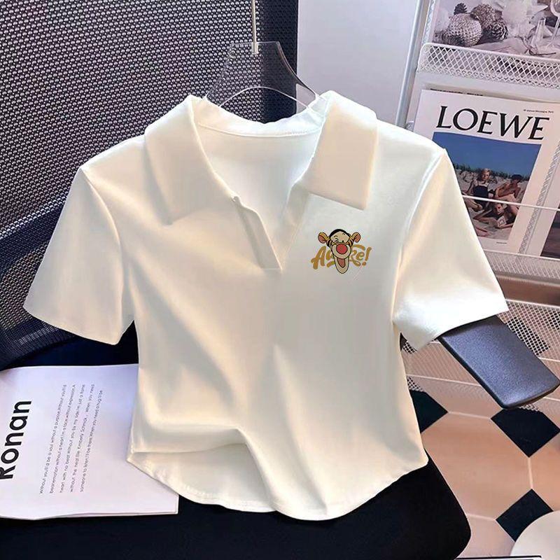 Product Introduction of [2281 Favorites] White Polo Collar Printed Short Sleeve T-Shirt for Women Summer Irregular V-Neck Pure Desire Style Sweet Hot Girl Short Top Womenswear Lingerie Comfort Casual Heart Love 17