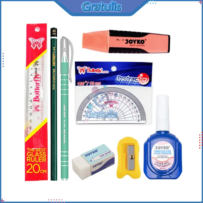 1 SET PERLENGKAPAN ALAT TULIS SEKOLAH [SMP/SMA/KULIAH] / PAKET ALAT TULIS SEKOLAH / PERLENGKAPAN ALAT TULIS BUKU CAMPUS 50 LEMBAR  /  BUKU TULIS KAMPUS 36 PENGGARIS BUTTERFLY RAUTAN PENSIL 2B PULPEN JEL PENGHAPUS BESAR TIPE X JOYKO 1