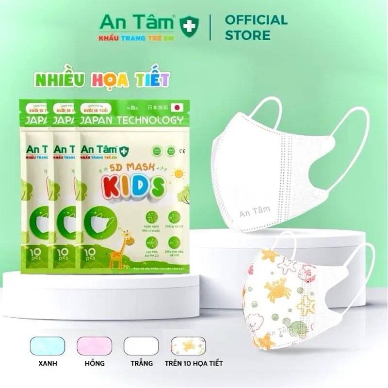 ￼<5D KID An Tâm > Thùng 100 Khẩu Trang Trẻ Em 5D 3 Lớp Kháng Khuẩn cho trẻ từ 2-8 tuổi
