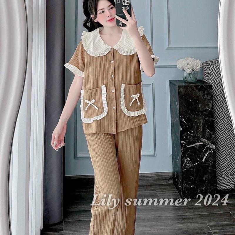 Combo (2 set) vải đũi gân , cổ tròn bèo 2 túi nơ, áo cộc quần dài (38-58kg) 5