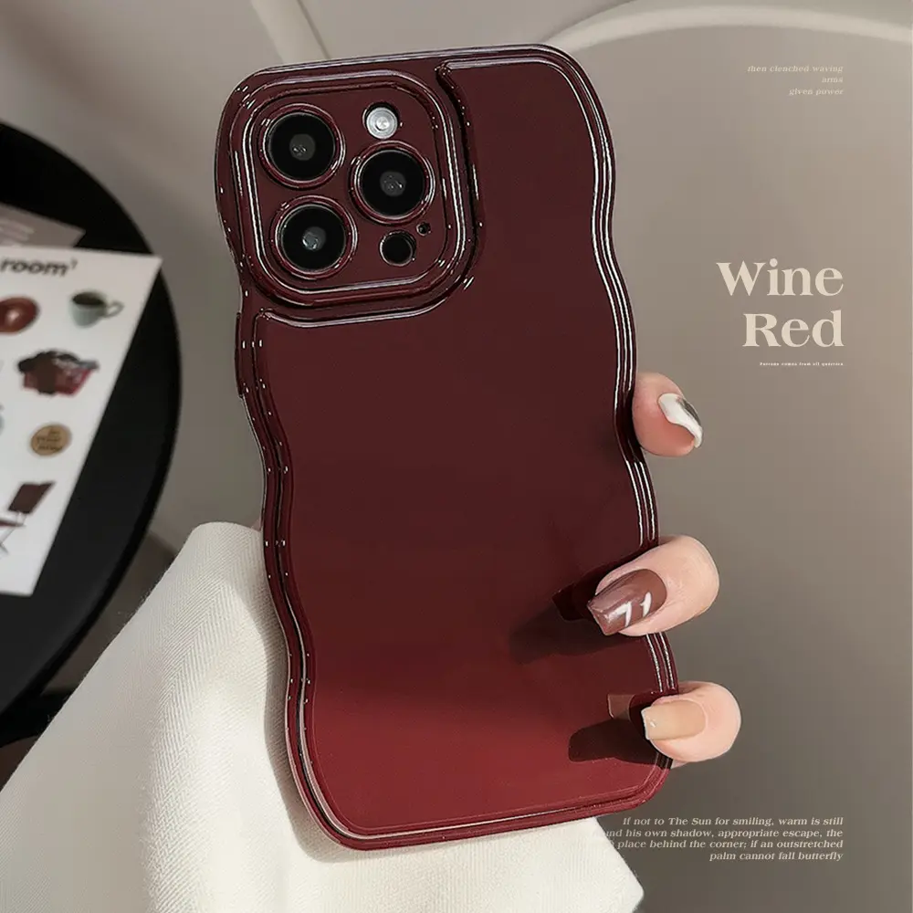 Retro Wine Red for Apple 15 Phone Case Iphone14 Advanced 11 for 16Promax Wavy Edge 12 Solid Color Cellphone Smartphone