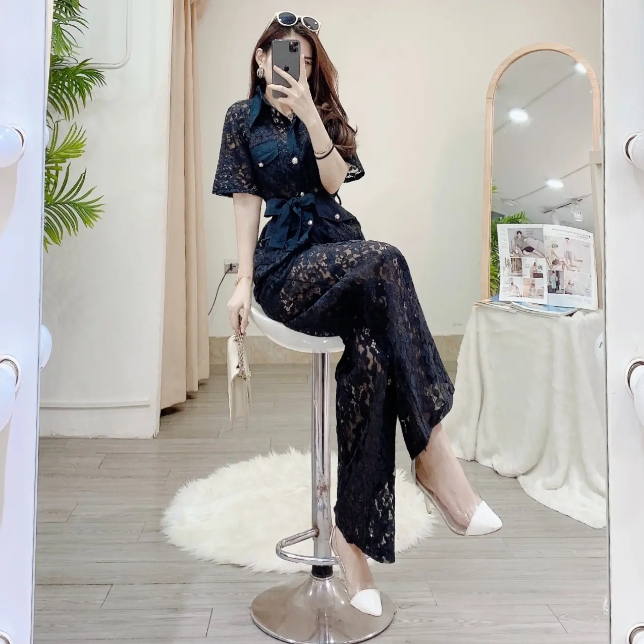 Set Bộ Nữ Ren Nổi Socomo B402022 - Áo Ren Quần Suông Kèm Thắt Eo -  Top  Women
