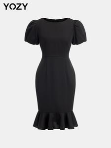 YOZY Women's Plain Puff Sleeve Round Neck Dress, Elegant Fashion Casual Short Sleeve Dress for Daily Outdoor Wear, Women Dress for All Seasons