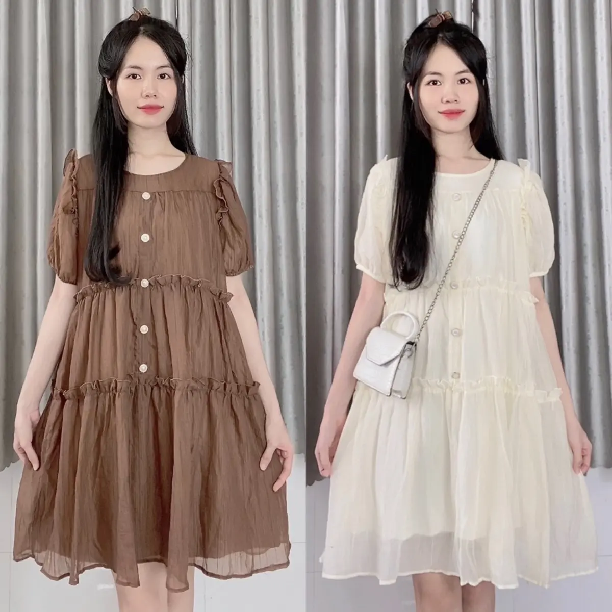 [XẢ XẢ KHO]  Váy babydoll phối khuy tầng bèo tay cộc chất đũi mát siêu xinh - Huna Dress