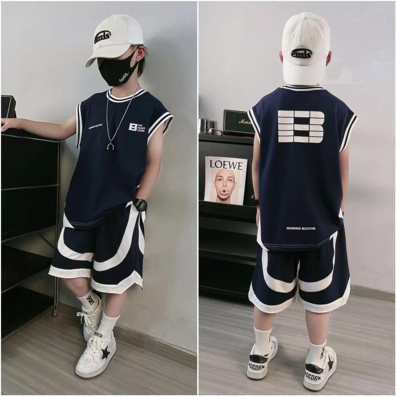 Bộ quần áo sát nách trẻ em     Màu xanh than mùa hè 17kg - 48kg cho bé trai , chất cotton cá sấu ( Set gồm áo và quần)