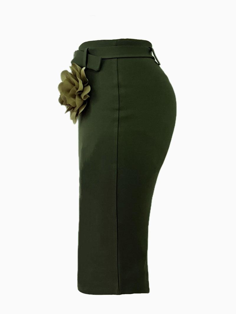 Product Introduction of Women's Appliques Belted Split Back Bodycon Skirt, Elegant Solid Color Knee Length Pencil Skirt for Party Holiday Wedding Guest, Ladies Bottoms for All Seasons 3