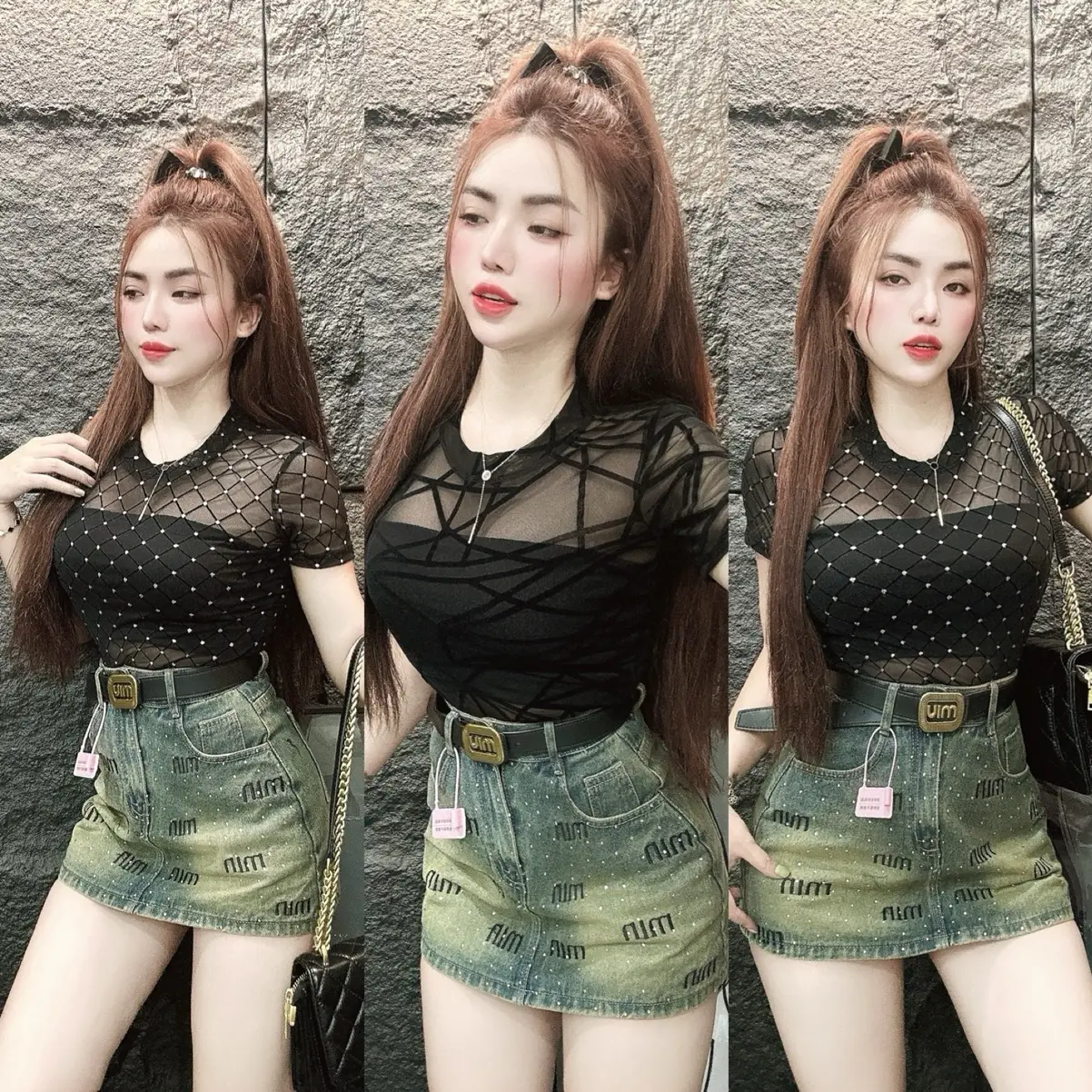 Áo cổ tròn phối lưới đính kim tuyến nd _ phom croptop
