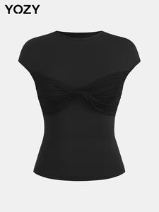 YOZY  Women's Plain Twist Front Tee, Casual Minimalist Round Neck T-shirt for Summer, Ladies Clothes for Daily Wear