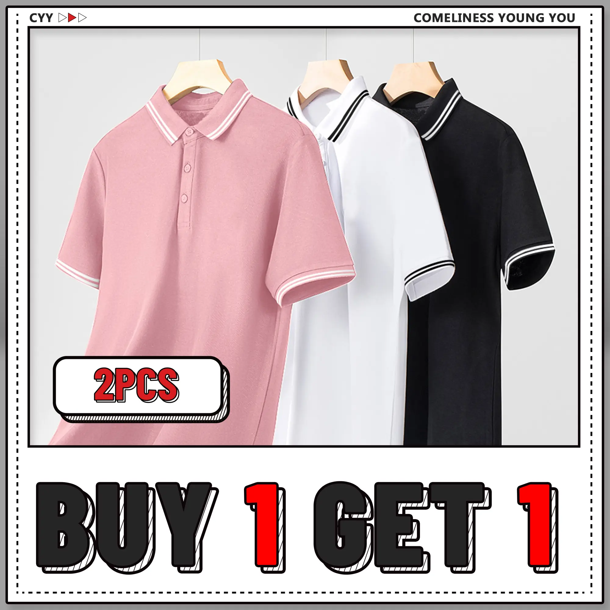 [Buy 1 Get 1 Free] Basic Solid Color POLO Shirt Striped Fashion Unisex Top Couple Style