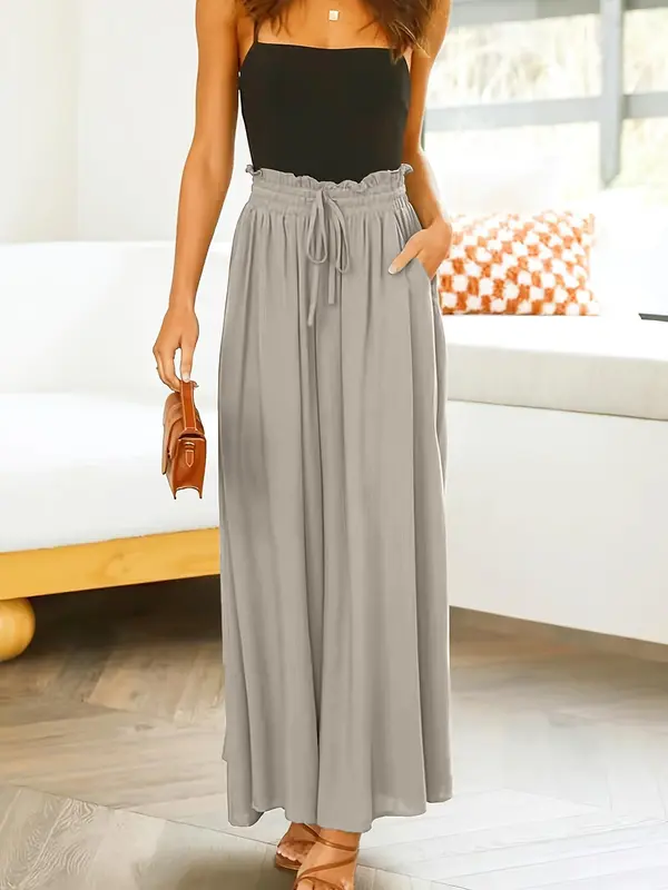 Women's Plain Pocket Drawstring Paper Bag Waist Wide Leg Pants, Loose Casual High Waist Trousers for Fall, Back To School Pants for Women, Women's Bottoms for Daily Wear, Womenswear 5