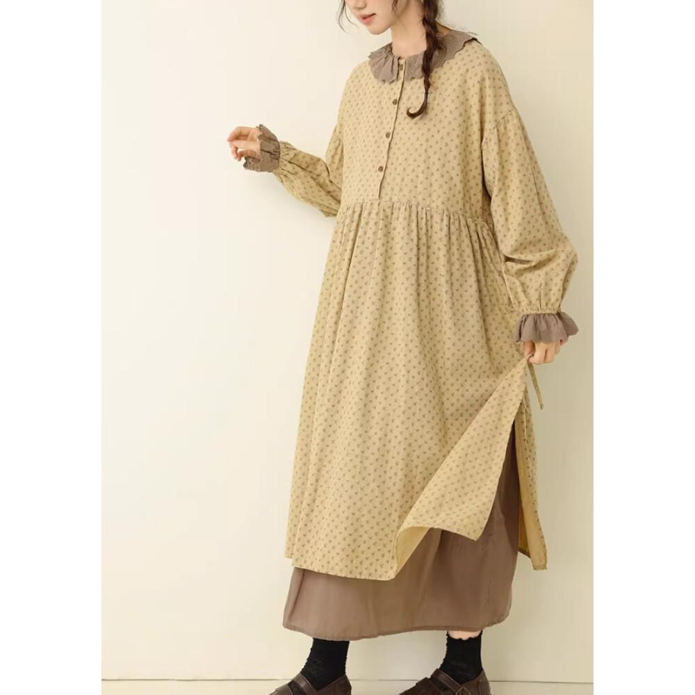 CHICMORE Gaun Manis Kerah Setengah Terbuka Bermotif Bunga Lengan Panjang