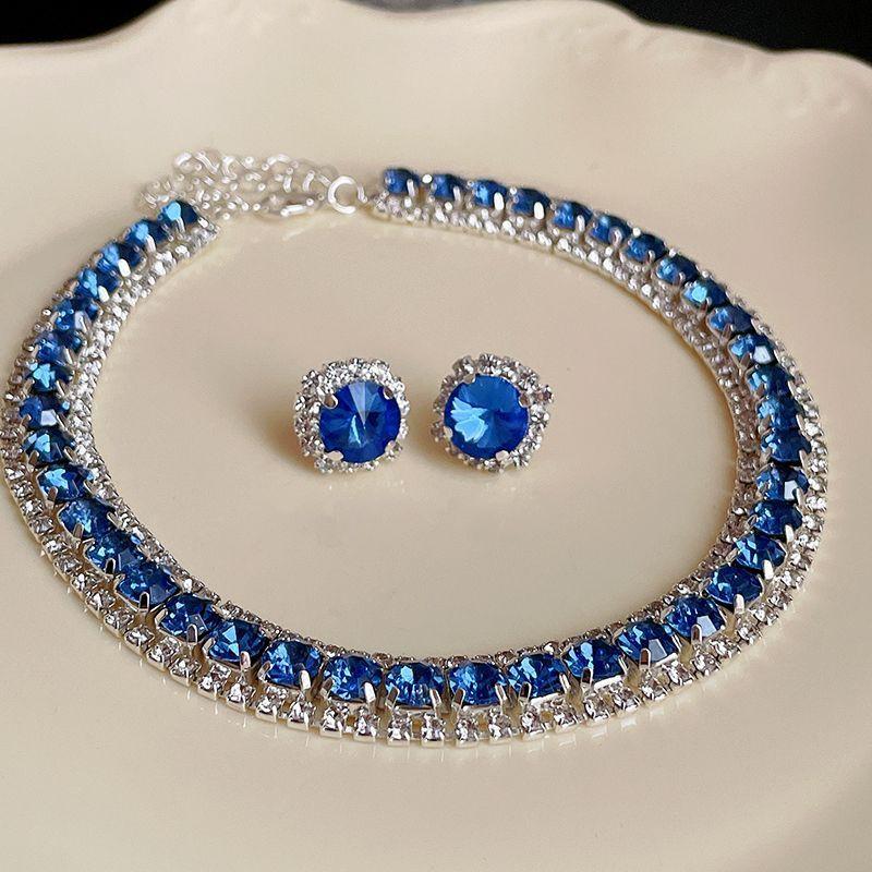 Blue Diamond Necklace Earrings Light Luxury Choker Necklace Clavicle Chain Women's High-Grade Dress Wedding Dinner Accessories 6