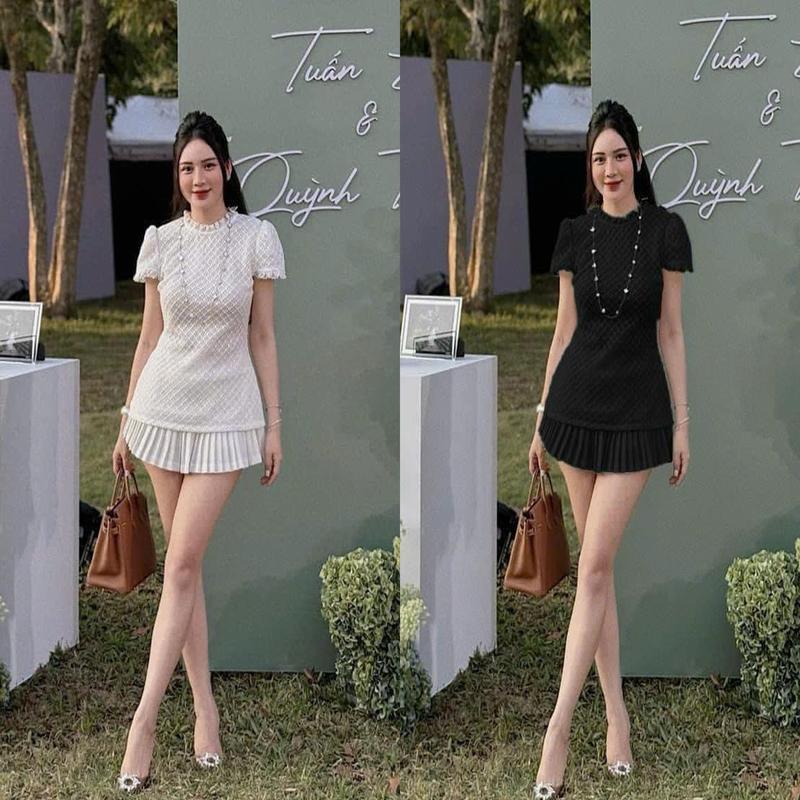 Set Váy Áo Ren Lưới Cổ Cao Chân Váy Xếp Li Ngắn Kèm Quần Trong Sang Chảnh Thanh Lịch Dress Nữ Top Women Thời Trang News TTN003