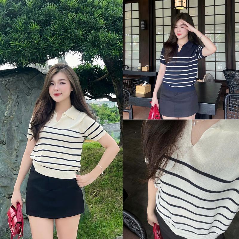Áo len mongtoghi cổ polo V mỏng nhẹ hình thêu kẻ ngang QC97 Women Top