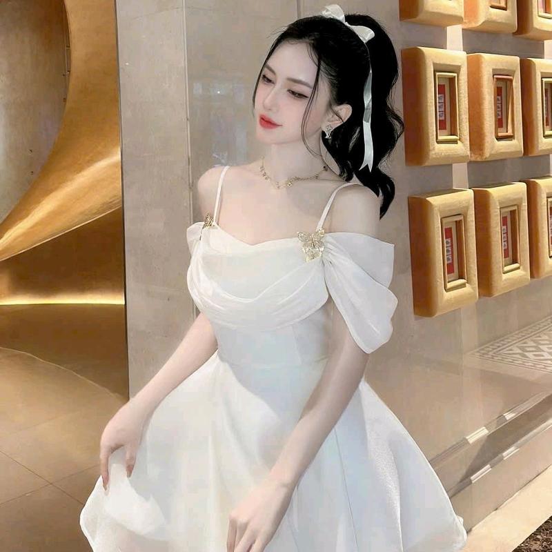 Đầm nữ 2 dây bệt vai tơ ánh kim kèm phụ kiện đi tiệc siêu xinh Women Dress 7