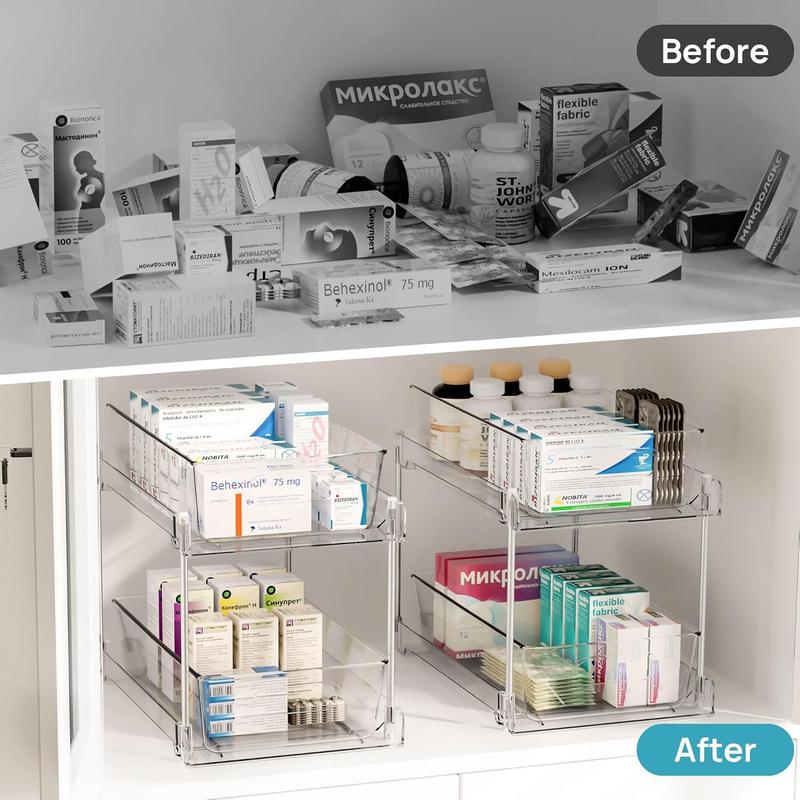 Bathroom Organizer, 2 Tier Clear Under Sink Organizers Vanity Countertop Storage Container,Cabinet Drawers Bins, Pull-Out Organization with Track for Pantry, Kitchen 6