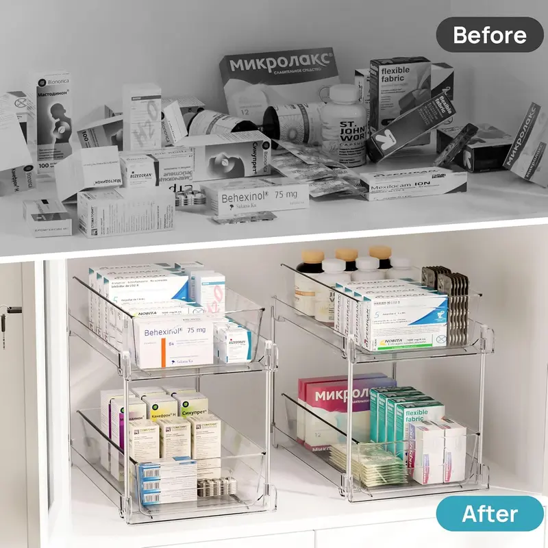 Bathroom Organizer, 2 Tier Clear Under Sink Organizers Vanity Countertop Storage Container,Cabinet Drawers Bins, Pull-Out Organization with Track for Pantry, Kitchen Boxes 6