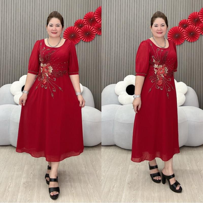  MIN SHOP - Váy xoè thiết kế trung niên tay lỡ kết hoa màu nổi bật form cổ tròn sang trọng Nữ Nhung Voan Dress Women - Sen Voi 