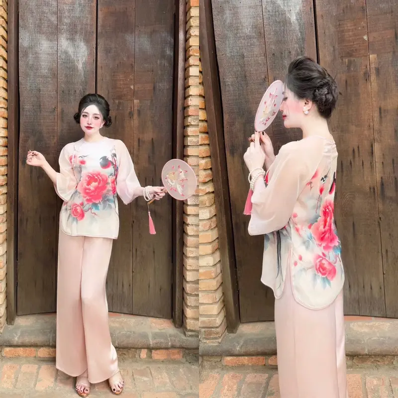 Đồ lam nữ đi chùa, áo vải voan tơ ánh nút ngọc nơ (có lót), quần lụa latin. Freesize 45-63kg. 8