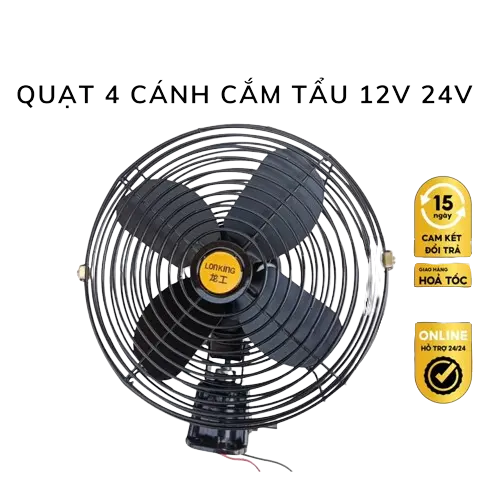 Quạt đen 12v, 24v kẹp trên ô tô, xe tải có lồng sắt cao cấp kẹp bình ắc quy thiết kế nhỏ gọn