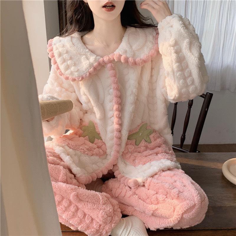 (LUNA) Bộ ngủ lông CỔ BÈO, lông hoạ tiết phối túi 2 bên, lông 2 mặt, siêu mềm, êm, ấm, bộ ngủ nữ mùa đông ấm áp Women Quần Ngủ