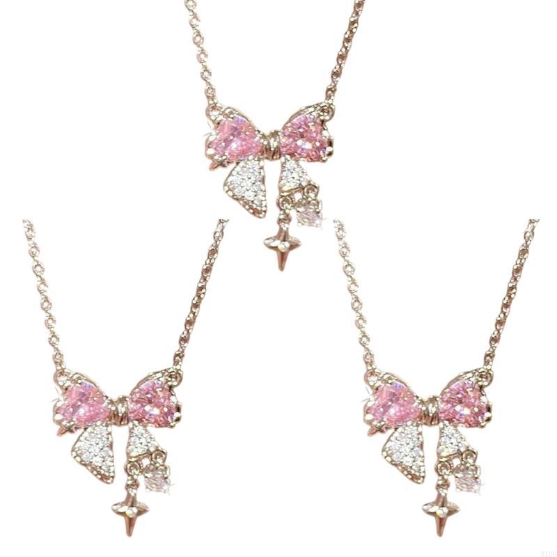 Explosive Network Red Pink Bright Bow Necklace Ins Students Sweet Cool Girl Clavicle Chain with Light Luxury Senior Sense of Summer 6