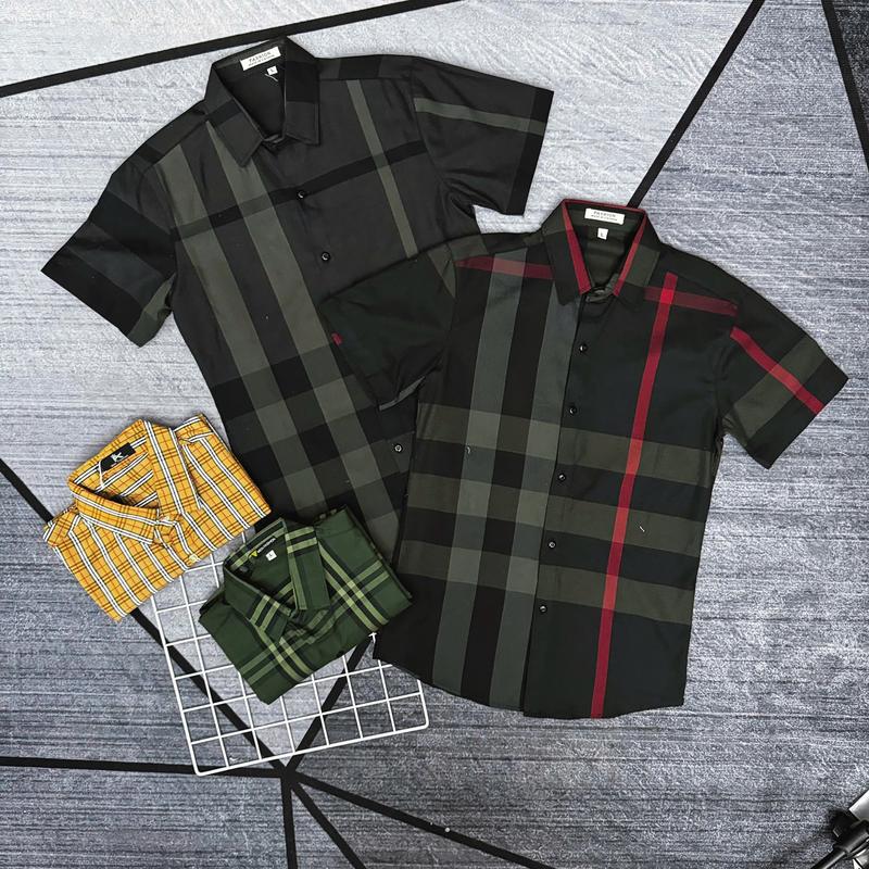 Áo sơ mi tay ngắn caro đen sọc đỏ chất cotton lụa mềm thoáng khí thiết kế trẻ trung form đẹp PTH Menswear Có Cổ Shirt