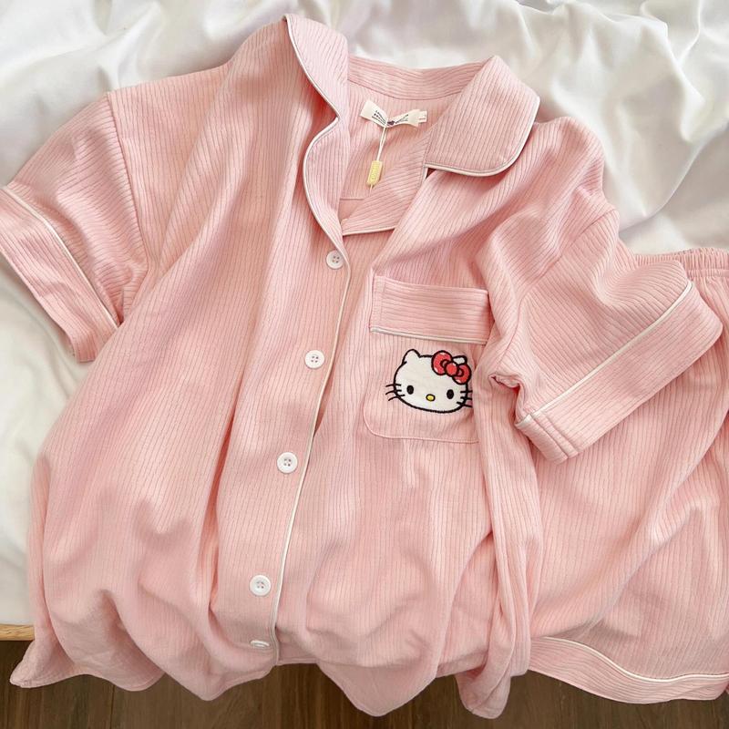 Bộ Đồ Ngủ Cho Bé Gái, Thiết Kế Hình Mèo Kitty Dễ Thương, Thích Hợp Cho Mùa Hè, ngắn Tay, Bộ Đồ Mặc Nhà Cho Bé Gái, Có Thể Mặc Ngoài Trời 0