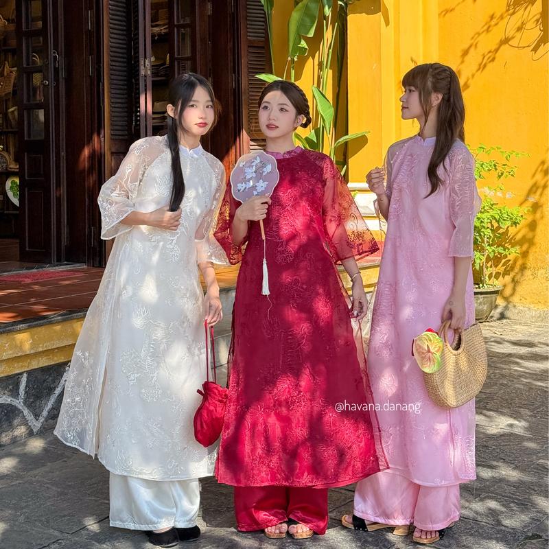Áo dài voan tơ QUYÊN CÁT thêu phượng hoàng kèm quần phi bóng HAVANA AD137