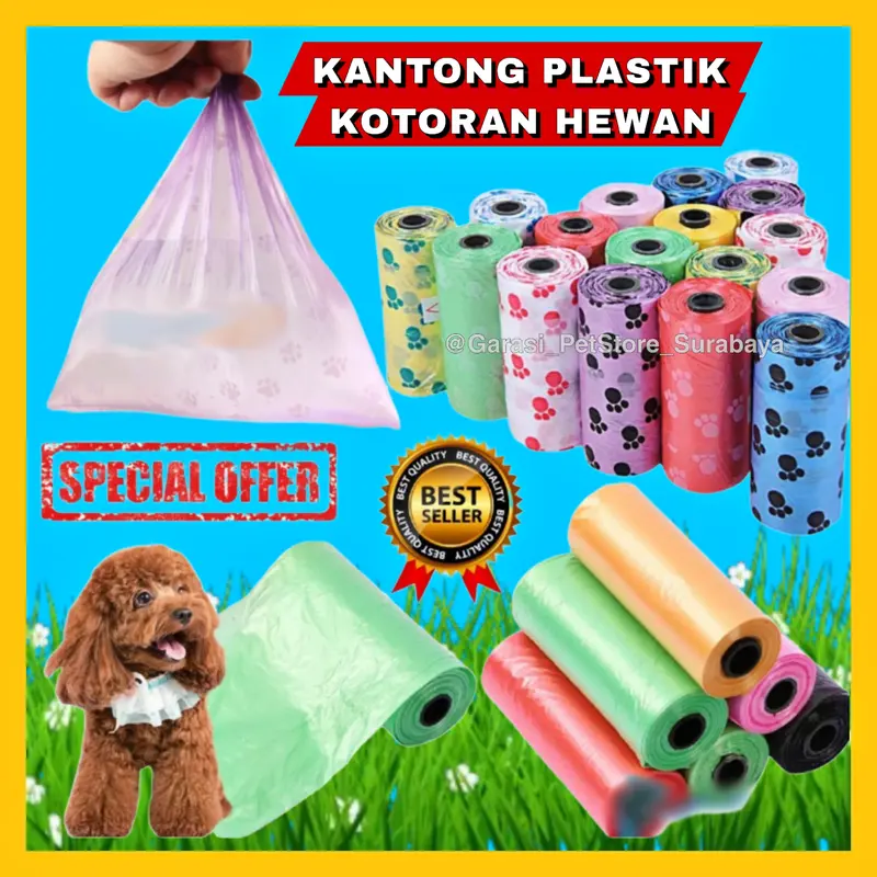 Kantong sampah 1 roll/15 pcs Poop Bag Motif Plastik Sampah Persediaan Hewan Peliharaan Warna Warni praktis 0
