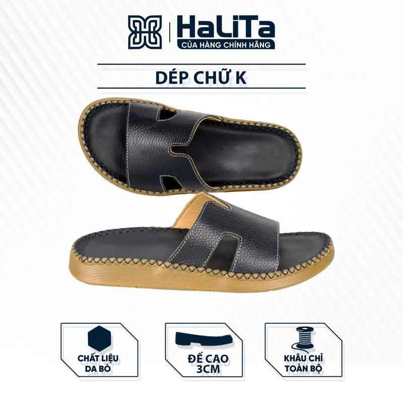 DéP Nam Quai Ngang Chữ K Halita , Đế Cao Su , May chỉ Viền Đế Bằng . 0