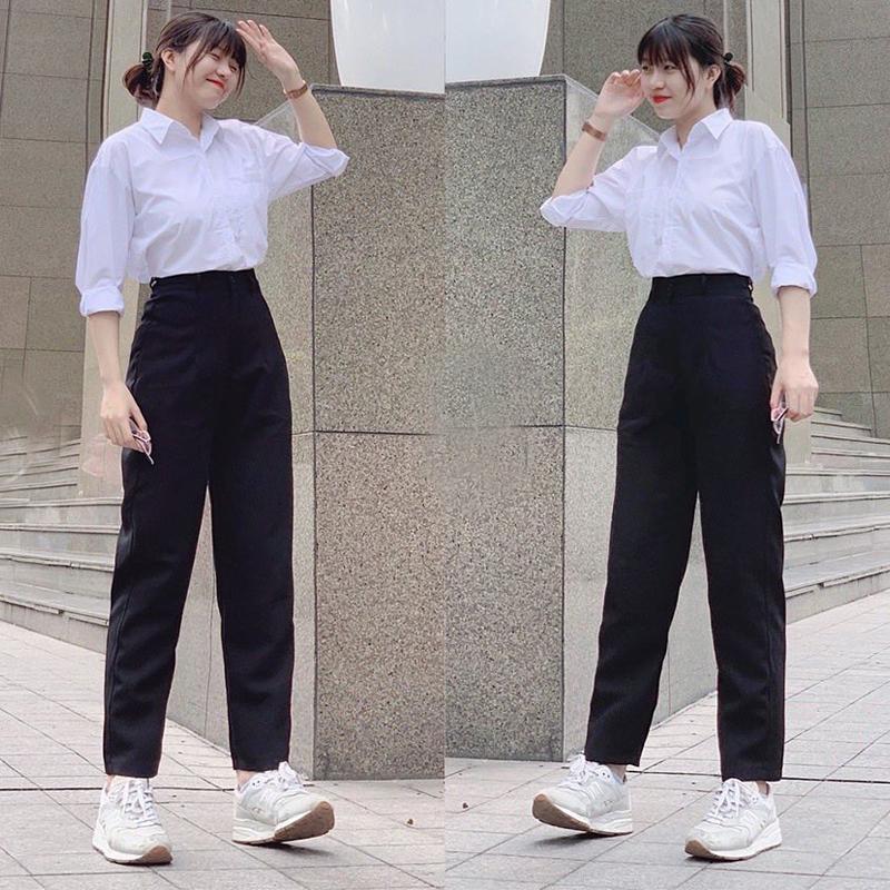 Quần tây đi học nữ lưng cao cạp có đai dáng dài màu Đen Xanh - Quần vải baggy học sinh nữ cấp 3 2 đi học làm công sở
