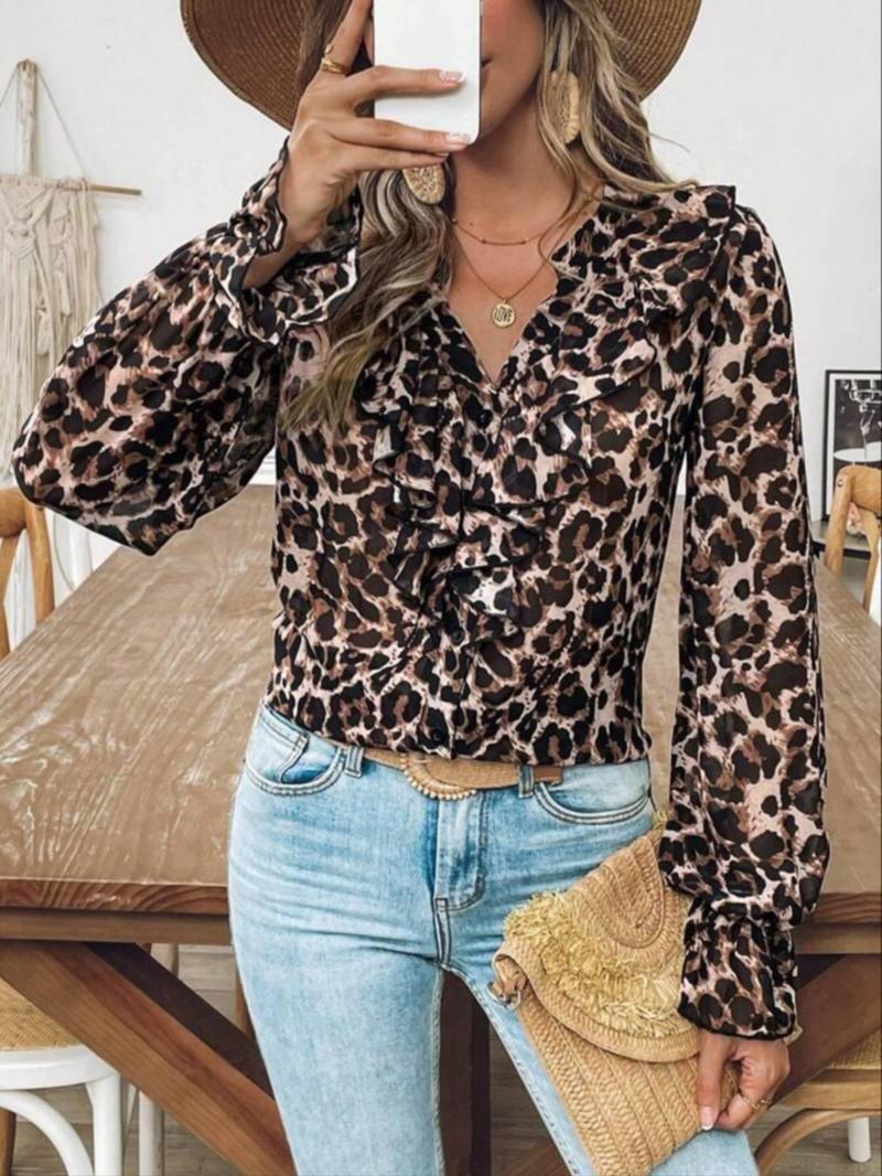 Product Introduction of Women's Leopard Print Flounce Sleeve Button Front Blouse, Vintage Trendy Casual Long Sleeve Ruffle Trim Top for Daily Wear, Ladies Clothes for All Seasons 3