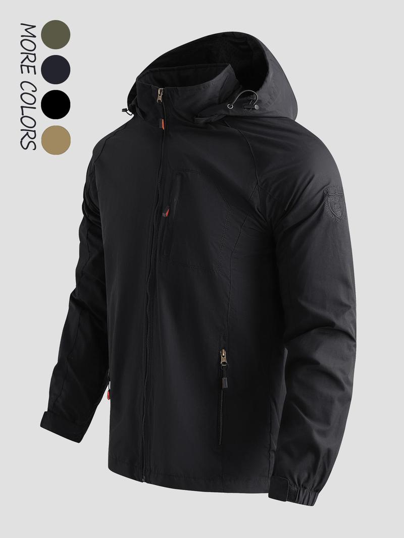 Product Introduction of Men's Solid Pocket Zipper Waterproof Windproof Jacket, Casual Detachable Hood Long Sleeve Outerwear for Fall & Winter, Men's Clothes for Outdoor Activities 7