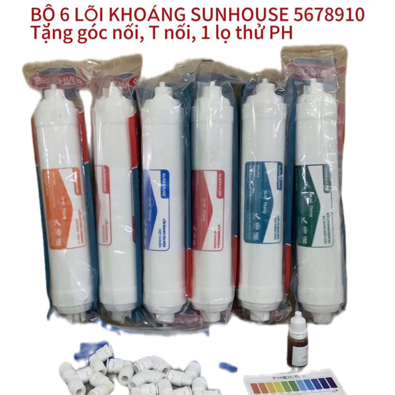Bộ lõi lọc nước tạo  khoáng 5,6,7,8,9,10 Sunhouse hàng chính hãng gồm Nano,Mineral,Farin,Acticabon,Alkaline,Hydrozen tặng kèm cút góc nối nhanh, lọ thử PH dùng thay thế cho máy lọc RO, nâng cao PH , bổ sung khoáng chất , tạo vị ngọt của nước