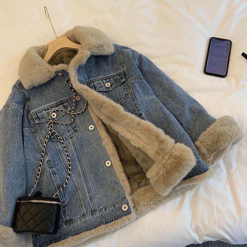 TikTok Shop Women s Vintage Lambswool Denim Jacket Loose Casual Comfortable Fleece Thickened Cotton Parka for Autumn and Winter