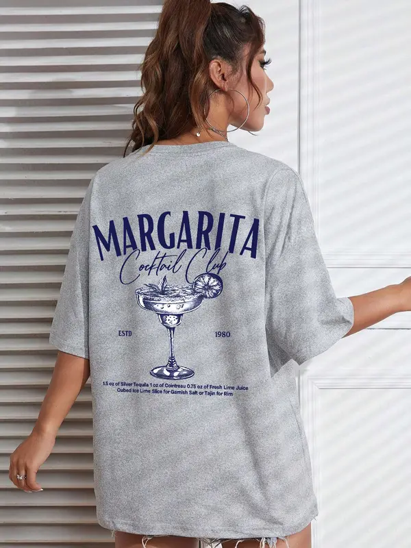 Women's Letter Beverage Graphic Round Neck Graphic Tees, Plus Size Clothes Uk, Fashion Casual Drop Shoulder Short Sleeve T-shirt for Summer Beach Party, Vintage Graphic Tees, Tops for Women, T Shirts for Women, Tops That Hide Stomach, Womenswear 4