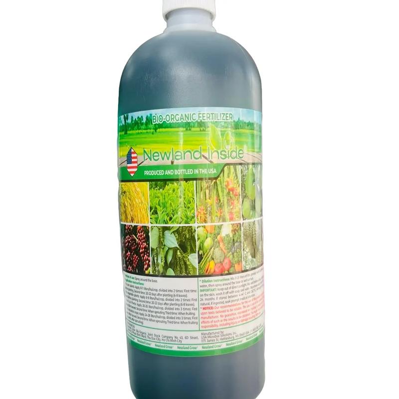 Phân Bón Hữu Cơ Vi Sinh Newland. Cải tạo hệ đất phát triển theo hướng hữu cơ bền vững. Chứa 4 chủng vi sinh vật có lợi đối kháng cải tạo môi trường đất. 1 chai 1 lít pha 1000 lít tưới 2500m2 tương đương 40 cây sầu riêng 5 năm tuổi