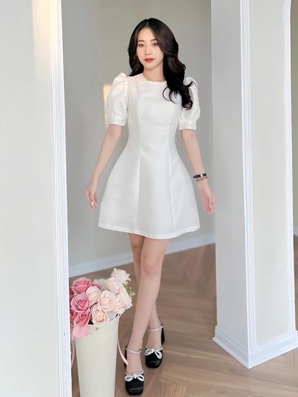 Váy thiết kế dáng ngắn phối tay bồng cổ đính đá sang chảnh  Lucido V62 Nữ Voan Dress Women