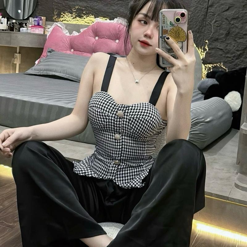 Sét bộ hai dây cúp quần dài ống rộng chất lụa mango mềm mịn (bo chun sau lưng) siêu tôn dáng cho bạn nữ  Áo Top Kem Voi Women set