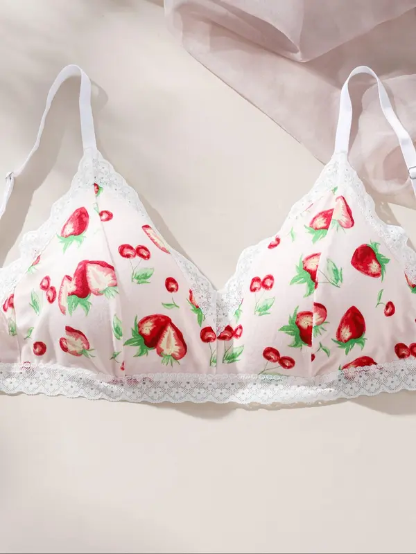 Women's Fruit Print Contrast Lace Bra & Knicker Set, Casual Comfy Breathable Wireless Lingerie Top & Panty Set, Lingerie Set for Women 8