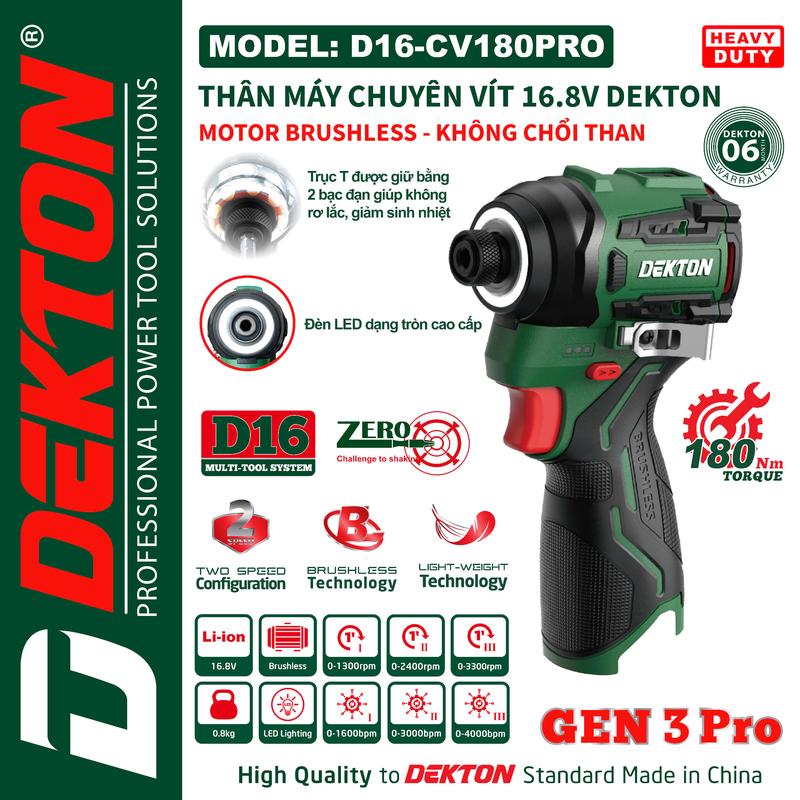 Máy Chuyên Vít 180Nm Dekton / D16-CV180PRO / Motor Brushless / LED Tròn / Hệ Sinh Thái 16.8V Pin Thọt Dekton