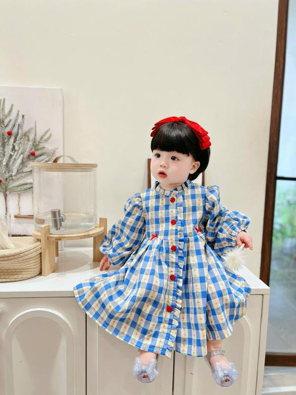 [Baobao kids] VÁY KẺ HOA XANH DÀI TAY DÁNG BABYDOLL XINH XẮN CHO BÉ GÁI -M126