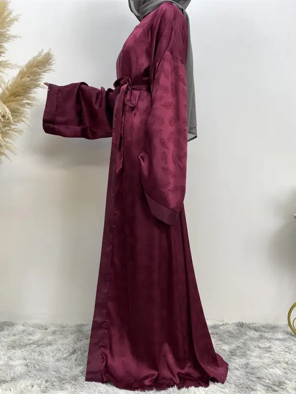 Women's Leaf Pattern Belted Satin Abaya, Modest Casual Long Sleeve Open Front Abaya for Daily Wear, Women's Islamic Clothing for Spring & Fall 1