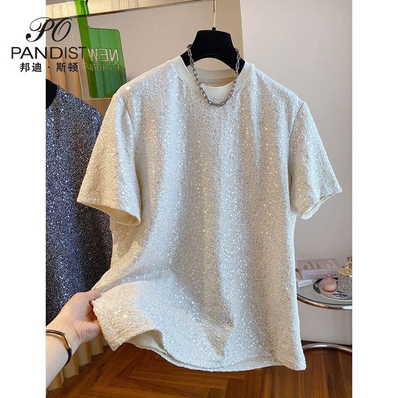 Áo Thun Đính Kim Tuyến, Bondiston Pandist, Dành Cho Nam Giới, Độc Đáo Sang Trọng Cao Cấp, Áo Thun Ngắn Tay, Thời Trang Hàng Đầu Menswear Cổ Tròn 5