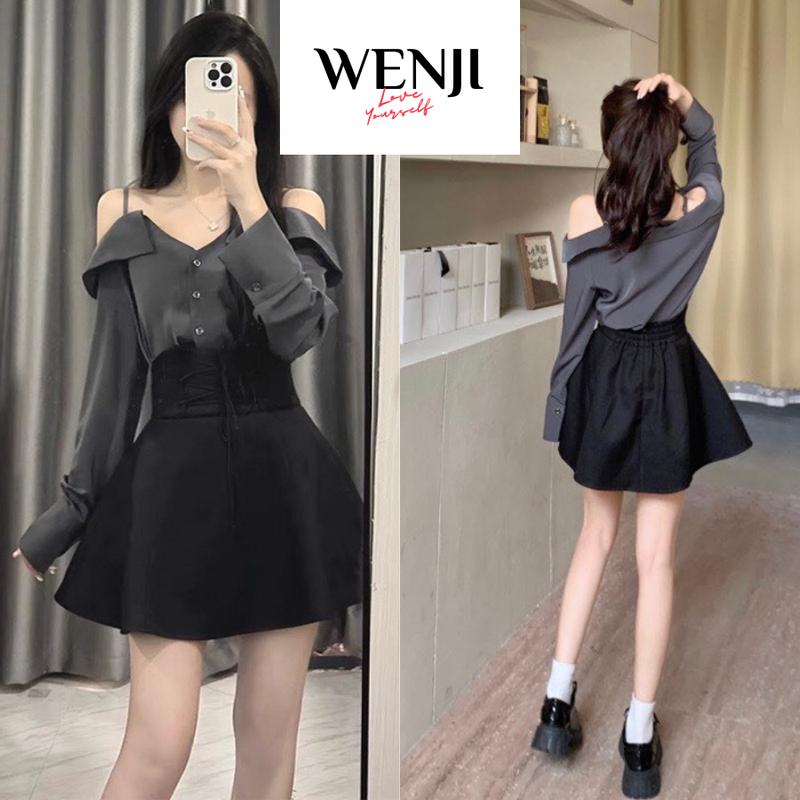 Set áo váy trễ vai tay dài, chân váy xòe cạp cao WENJI STORE set đồ nữ đi chơi đi làm đi tiệc dễ thương sang chảnh