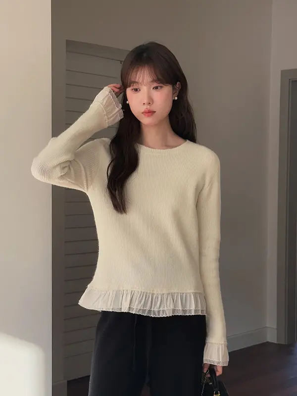 Áo cổ tròn vạt bèo tay tơ 2 lớp điệu đà 10 màu peonyb - Áo giữ nhiệt thun tăm dáng ôm body nữ tính bánh bèo hotgirl top women phong cách hàn quốc đẹp 4
