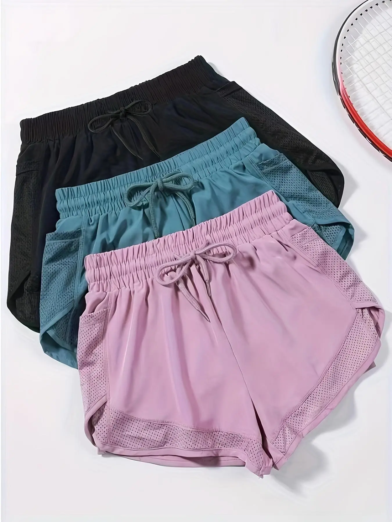 Women's Solid Color Breathable Mesh Gym Shorts, Quick Drying Gym Shorts with Side Pockets, Ladies Sportswear for Yoga Gym Workout Running